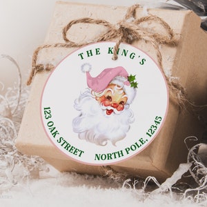 Roze Retro Santa Kerstadreslabels, Roze Kerstkaart Retourlabels, Bewerkbare Kerstvakantiekaartstickers, Direct downloaden