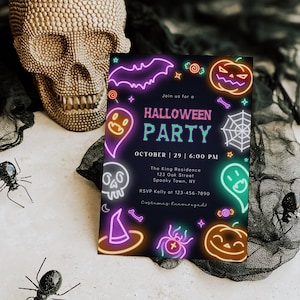 Neon Halloween Party Invitation Template, Editable Halloween Party Invite, Spooky Party Invite, Instant Download, Digital Evite, Corjl