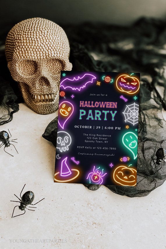 Neon Halloween Party Invitation Template, Editable Halloween Party