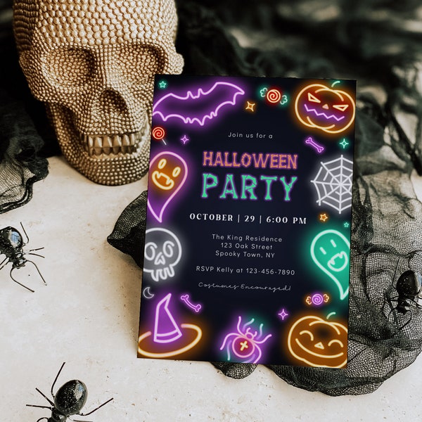 Neon Halloween Party Invitation Template, Editable Halloween Party Invite, Spooky Party Invite, Instant Download, Digital Evite, Corjl