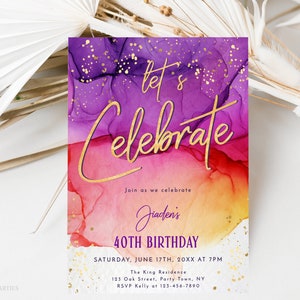 Purple Red Gold Let's Celebrate Birthday Invite, Teen Girls Party Invitations, Abstract Ink Invite, Editable Ladies Birthday Invite, Corjl