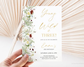 Botanical Wildflower 3rd Birthday Invitation Template, 3rd Birthday Invitation Girl, Wild and Three, Girl's Wildflower Birthday Invite, BWF2