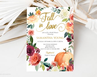 Editable Fall Bridal Shower Invitation, Fall In Love Bridal Shower Invite, Burgundy and Orange, Pumpkin Invite, Pink Fall Florals, Printable