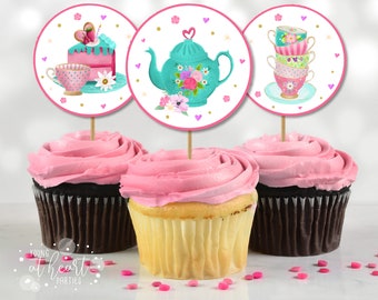 Printable Tea Party Cupcake Toppers Tea Birthday Cupcake Toppers Favor Tag Girl Tea Party Whimsical Floral Pink Gold Digital Download