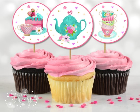 Printable Tea Party Cupcake Toppers Tea Birthday Cupcake Toppers Favor Tag Girl Tea Party Whimsical Floral Pink Gold Digital Download Il_570xn