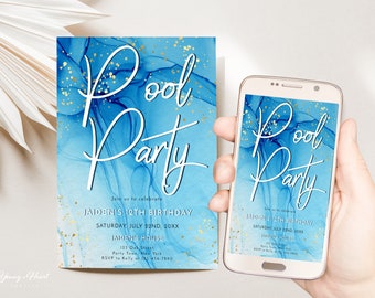 Sky Blue Pool Party Template, Swimming Pool Birthday Invite, Summer Fun BBQ Party Invite, Abstract Blue Ink, Modern Pool Party Invite