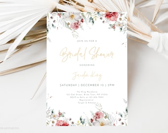 Christmas Wildflower Bridal Shower Invitation Template, Boho Winter Bridal Shower, Editable December Florals Bridal Shower Invite, WBBS