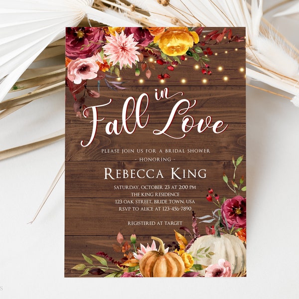 Editable Fall in Love Bridal Shower Invitation, Rustic Fall Floral Bridal Shower Invite, Pumpkin Autumn Flowers Burnt Orange, Corjl Template