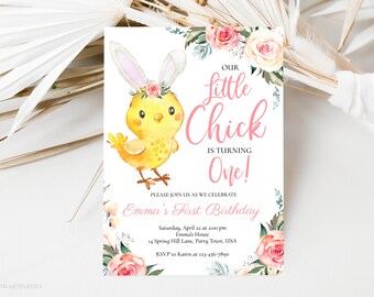 Little Chick Girls Birthday Invitation Template, Spring Birthday Invitation, Easter Birthday Invitation, Blush Florals, Editable Invitation