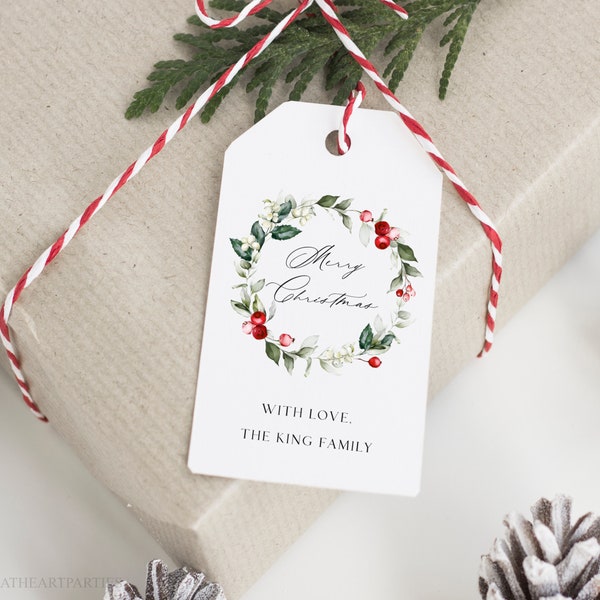 Editable Holly Berry Wreath Gift Tag, Merry Christmas Gift Tag Template, Personalized Christmas Gift Tags, Printable Xmas Gift Tags, HBC