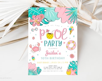 Pastel Tropical Pool Party Birthday Invitation Template, Editable Pool Party Birthday Invite, ANY AGE Girls Pool Party Invite, Corjl Invite