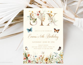 Wildflower 6th Birthday Invitation Template, Butterflies Sixth Birthday Invitation, Girls Birthday Flower Invitation, Meadow Flowers