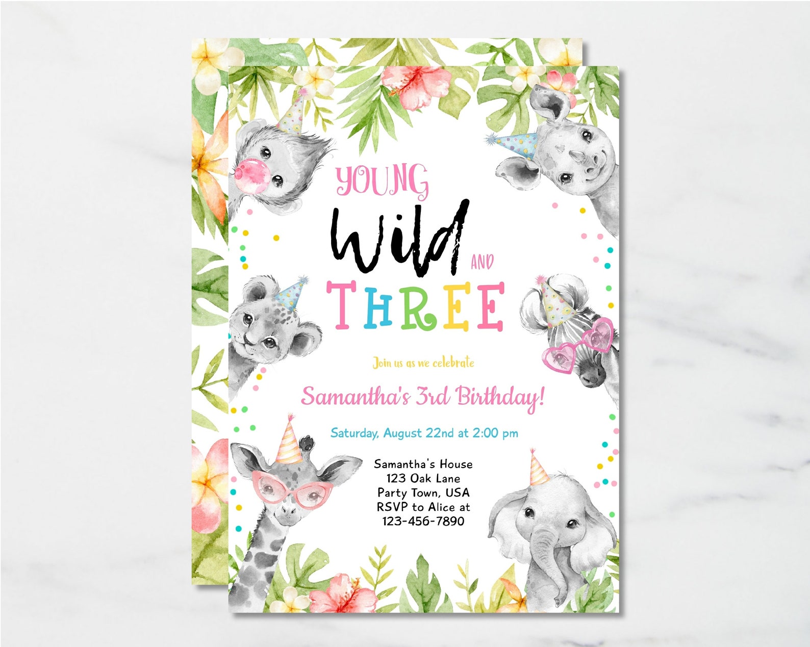 Editable Young Wild and Three Invitation Girl Pink and Gold Etsy