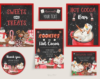 Christmas Cookies and Cocoa Party Bundle, Printable Snowman Party Set, Holiday Cocoa and Cookies Party Package, Snowman Party Bundle, Corjl