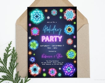 Editable Neon Holiday Party Invitation, Neon Snowflakes Party Invitation Template, Holiday Get Together Invitation, Instant Download