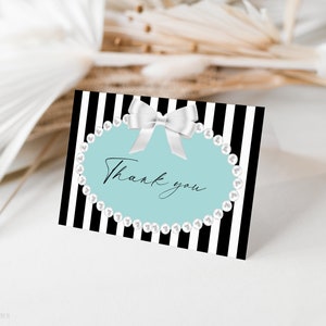 Carte de remerciement modifiable Bride & Co., noeud blanc avec modèle de carte de note bleu aqua, petit-déjeuner Audrey Hepburn à carte de remerciement inspirée, BTD