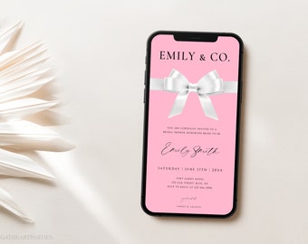 Pink Bride & Co. Electronic Invitation Template, White Satin Bow with Pink, Digital Smartphone Invitation Template, Editable Text, BTD