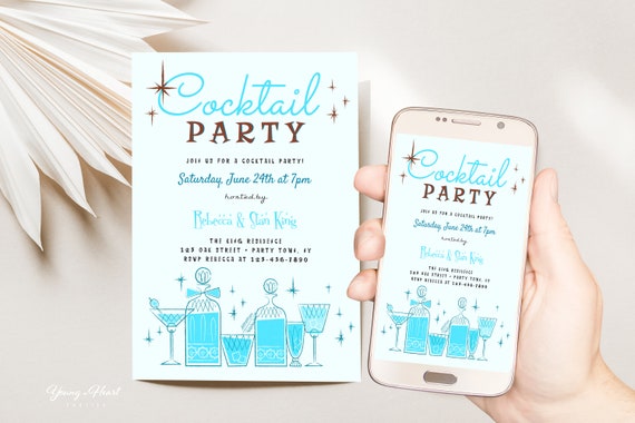 Mid Century Retro Cocktail Party Template, Retro Blue Party Invite, Editable 50s Cocktail Party Invite, Vintage Cocktail Party Invitation Il_570xn