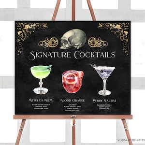 Signe de boissons de signature gothique Halloween modifiable, affiche de menu de barre d'Halloween, menu de cocktail de crâne d'Halloween, menu de boisson imprimable, VGH