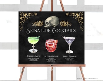 Cartello per bevande firmate gotico modificabile di Halloween, poster del menu del bar di Halloween, menu dei cocktail con teschio di Halloween, menu delle bevande stampabili, VGH