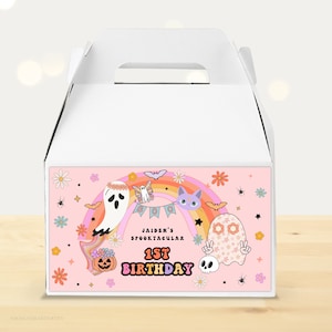 Editable Pink Groovy Halloween Gable Box Label, Hippie Halloween Treat Labels, Groovy Ghost Halloween Decor Favors, Instant Download image 1