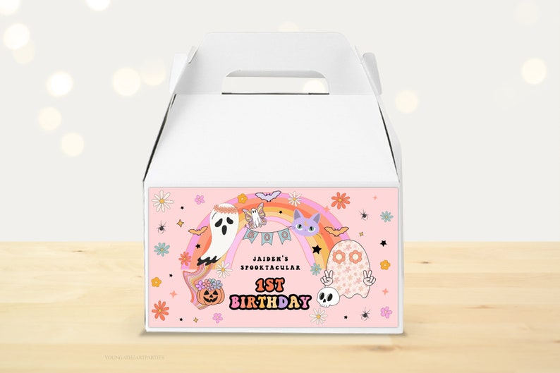Editable Pink Groovy Halloween Gable Box Label, Hippie Halloween Treat Labels, Groovy Ghost Halloween Decor Favors, Instant Download image 1