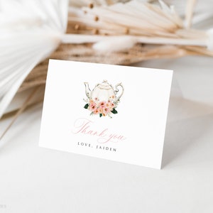 Plantilla de tarjeta de agradecimiento de fiesta de té floral, favor de despedida de soltera de té imprimible, flores rosas rubor, tarjeta de nota doblada, texto editable, PPFT