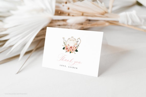 Floral Tea Party Thank You Card Template, Printable Tea Bridal Shower Favor, Blush Pink Florals, Folded Note Card, Editable Text, PPFT Il_570xn