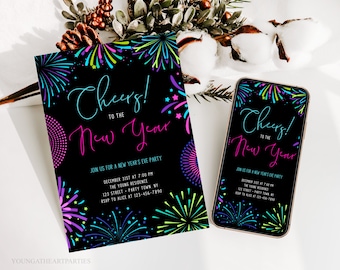 Editable NYE Fireworks Party Invitation Template, Cheers to the New Year, Editable New Years Party Invite, 2022 New Years Invitation