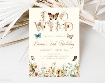 Wildflower Second Birthday Invitation Template, Butterflies Birthday Invitation, Two Wild Girls Birthday Flower Invitation, Meadow Flowers