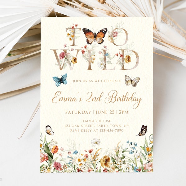 Wildflower Second Birthday Invitation Template, Butterflies Birthday Invitation, Two Wild Girls Birthday Flower Invitation, Meadow Flowers