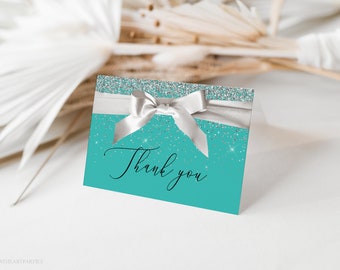 Editable Bride & Co. Bridal Shower Thank You Card Template, Teal and White Satin Bow Folded Thank Note Card, Breakfast at Shower Theme Card