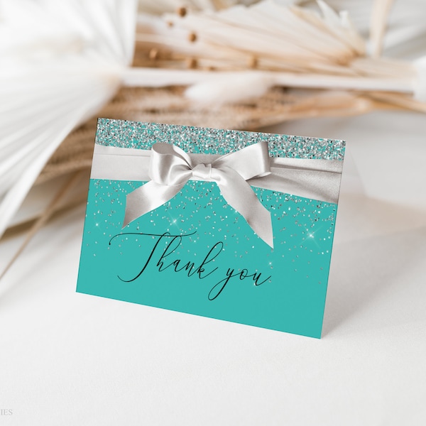 Editable Bride & Co. Bridal Shower Thank You Card Template, Teal and White Satin Bow Folded Thank Note Card, Breakfast at Shower Theme Card