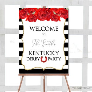 Kentucky Derby Party Welcome Sign, Derby Party Poster, EDITABLE Template, Red Roses, Golden Horseshoe, Striped Background, Classy Derby Sign image 1