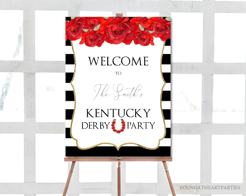 Kentucky Derby Party Welcome Sign, Derby Party Poster, EDITABLE Template, Red Roses, Golden Horseshoe, Striped Background, Classy Derby Sign image 1