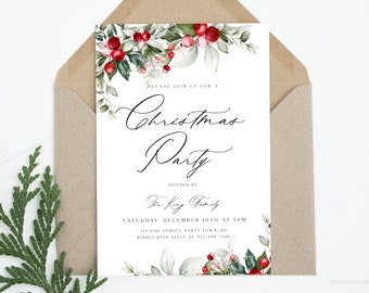 Elegant Holly Berry Christmas Party Invitation, Editable Watercolor Floral Christmas Invitation, Printable Holiday Party Announcement, HBC