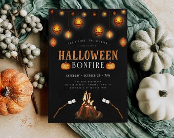 Halloween S'mores Bonfire Invitation Template, Editable Fall October Bonfire Invite, Outdoor Halloween Party, BBQ Bonfire Party Invitation