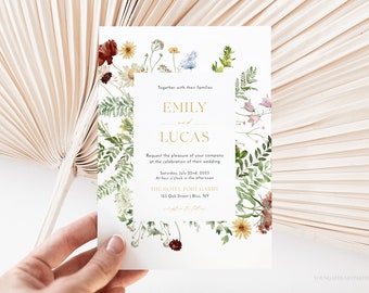 Botanical Wildflower Wedding Invitation, Boho Wildflowers Wedding Invite Template, Meadow Flowers Wedding Invitation, Edit with Corjl, BWF2