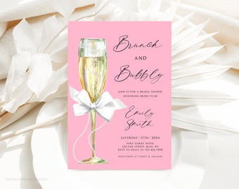 Customizable Pink Bride & Co. Invitation Template, White Bow with Pink Invitation, Champagne Bubbly Breakfast At Inspired Invitation, BTD