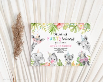 Party Animals Birthday Invitation Template, Girl Wild One Animals Invitation, Zoo Safari Animals, Download Printable, Invite Template, Corjl