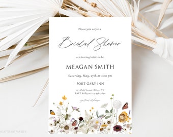 Boho Wildflower Bridal Shower Invite, Pressed Flowers Bridal Shower Invitation, Dried Florals Invitation, Editable Template, Corjl, DFWF