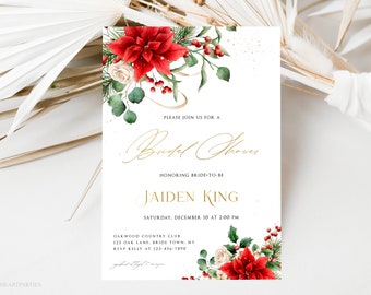 Christmas Bridal Shower Invitation Template, Poinsettia Bridal Shower, Holiday Bridal Invite, Holly and Eucalyptus, Instant Download, NCP