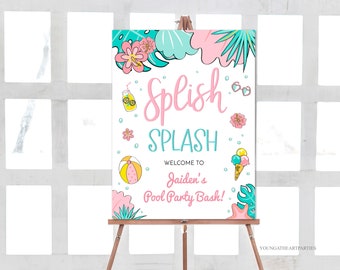 Pastel Tropical Pool Party Party Welcome Sign Template, Editable Splish Splash Pool Party Welcome Poster, Girls Pool Party Printable Sign