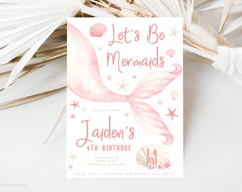 Modern Pink Mermaid Birthday Party Invitation Template, Boho Mermaid Birthday Invitation, Editable Minimalistic Modern Mermaid Invite, Corjl