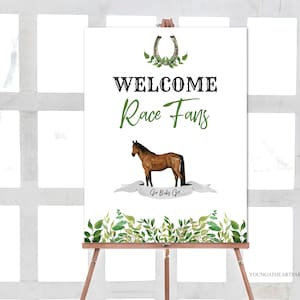 Welcome Race Fans Kentucky Derby Party Sign Template, Editable Derby Party Poster, Classy Derby Sign, Greenery Derby Welcome Sign, Corjl image 1