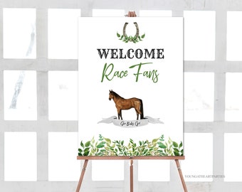 Benvenuto ai fan della corsa Kentucky Derby Party Sign Template, Poster modificabile del Derby Party, Classy Derby Sign, Greenery Derby Welcome Sign, Corjl