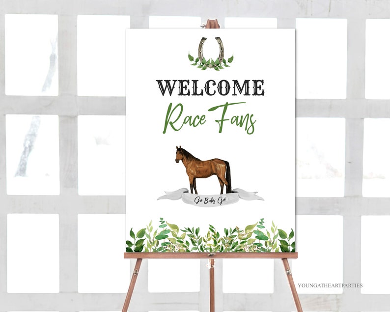 Welcome Race Fans Kentucky Derby Party Sign Template, Editable Derby Party Poster, Classy Derby Sign, Greenery Derby Welcome Sign, Corjl image 1