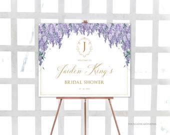 Editable Purple Wisteria Bridal Shower Welcome Sign, Victorian Monogram Bridal Welcome Poster Template, Regency Era, High Society Shower, PW