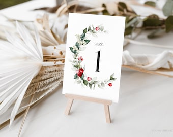 Holly Berry Table Numbers Template, Editable Christmas Wedding Table Numbers, Holiday Seating Table Numbers, Table Top Number Signs, HBC
