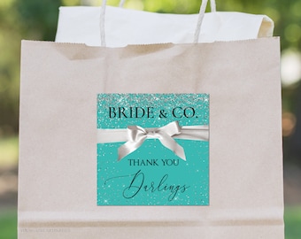 Editable Bride & Co. Bridal Shower Thank You Tags, Breakfast at Shower Theme Favor Tags, White Satin Bow, Teal Blue Tags, Instant Download